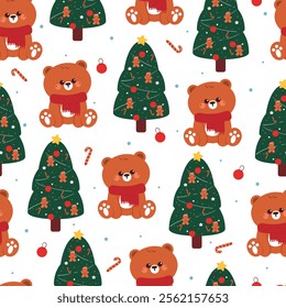 seamless pattern cartoon bear with christmas stuff. cute christmas wallpaper for fabric print, gift wrap paper