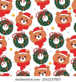 seamless pattern cartoon bear with christmas stuff. cute christmas wallpaper for fabric print, gift wrap paper