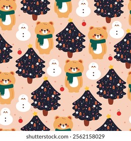 seamless pattern cartoon bear with christmas tree. cute christmas and winter wallpaper for fabric print, gift wrap paper