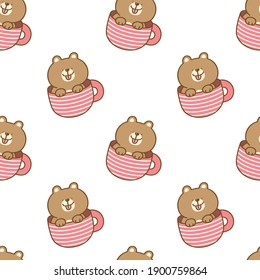 Seamless Pattern with Cartoon Bear in Coffee Cup Illustration Design on White Background