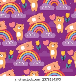 seamless pattern cartoon bear with cute sky element. wallpaper with cute rainbow, clouds and purple sky. cute pattern for gift wrap paper