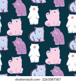 Seamless Pattern with Cartoon Bear Design on Dark Blue Background