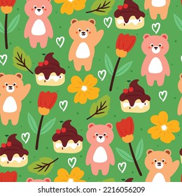 seamless pattern cartoon bear, dessert and flower. cute wallpaper for textile, gift wrap paper