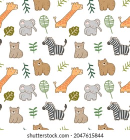 Seamless Pattern with Cartoon Bear, Elephant, Giraffe, Zebra and Leaf Illustration Design on White Background