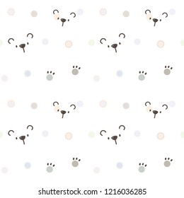 Seamless Pattern Of Cartoon Bear Face And Paw Doodle Design On White Background With Pastel Dots