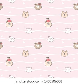 Seamless Pattern of Cartoon Bear Face Design on Pink Background with White Wavy Lines