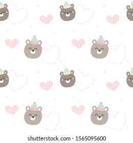 Seamless Pattern of Cartoon Bear Face and Heart Design on White Background