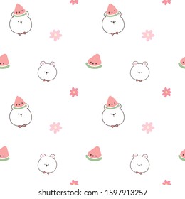 Seamless Pattern with Cartoon Bear Face, Watermelon Piece and Flower Design on White Background
