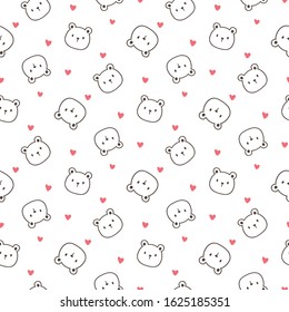 Seamless Pattern of Cartoon Bear Face and Heart Design on White Background