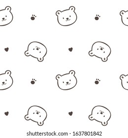 Seamless Pattern of Cartoon Bear Face, Paw and Heart Design on White Background