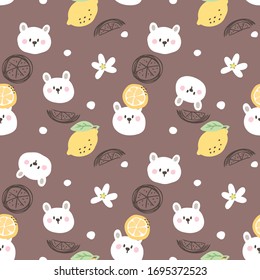 Seamless Pattern of Cartoon Bear Face, Lemon and Flower Design on Brown Background