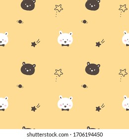 Seamless Pattern of Cartoon Bear Face and Star Design on Yellow Background