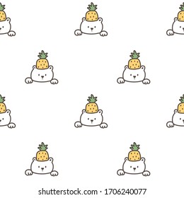 Seamless Pattern of Cartoon Bear Face with Pineapple Design on White Background