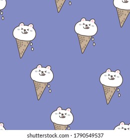 Seamless Pattern of Cartoon Bear Face and Ice Cream Design on Blue Background