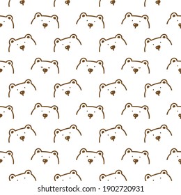 Seamless Pattern with Cartoon Bear Face Doodle Design on White Background