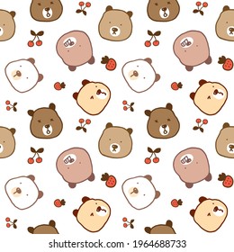 Seamless Pattern of Cartoon Bear Face, Cherry and Strawberry Design on White Background