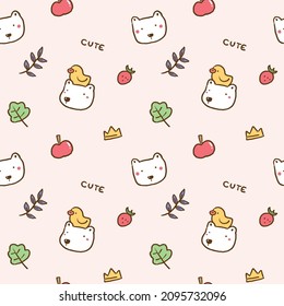 Seamless Pattern with Cartoon Bear Face , Duck, Apple, Strawberry and Leaf Design on Light Pink Background