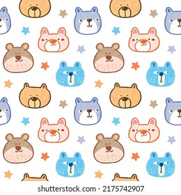 Seamless Pattern with Cartoon Bear Face and Star Design on White Background