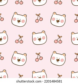 Seamless Pattern With Cartoon Bear Face And Cherry Design On Light Pink Background