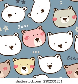 Seamless Pattern with Cartoon Bear Face Design on Blue Grey Background