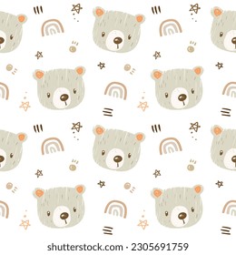 Seamless Pattern of Cartoon Bear Face Design on White Background