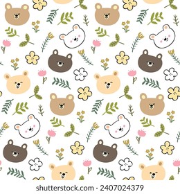 Seamless Pattern with Cartoon Bear Face, Flower and Leaf Design on White Background