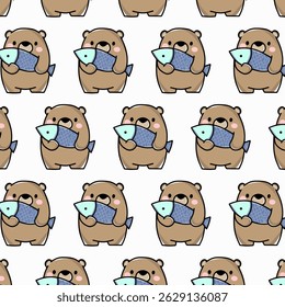 Seamless pattern of a cartoon bear with a fish. Great for ocean-themed kids’ decor, fabric, and animal patterns.


