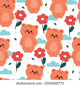 seamless pattern cartoon bear with floral. cute wallpaper for fabric print, gift wrap paper