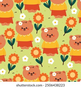 seamless pattern cartoon bear with floral. cute wallpaper for fabric print, gift wrap paper