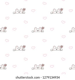 Seamless Pattern of Cartoon Bear with Flower and Heart Design on White Background