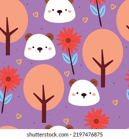 seamless pattern cartoon bear with flower and plant. cute animal wallpaper for textile, gift wrap paper