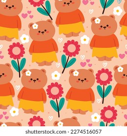 seamless pattern cartoon bear and flower. cute animal wallpaper illustration for gift wrap paper