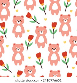 el oso de dibujos animados sin costura y la flor. papel pintado lindo para textil, papel de envoltura de regalo