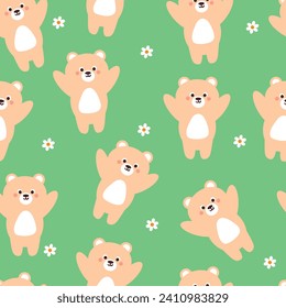 el oso de dibujos animados sin costura y la flor. papel pintado lindo para textil, papel de envoltura de regalo