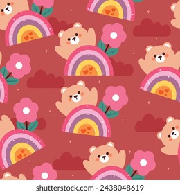 seamless pattern cartoon bear with flower and sky element. cute animal wallpaper illustration for gift wrap paper