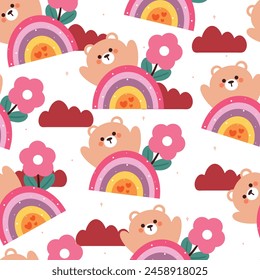 seamless pattern cartoon bear with flower and sky element. cute animal wallpaper illustration for gift wrap paper