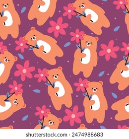 seamless pattern cartoon bear and flower. cute wallpaper for textile, gift wrap paper