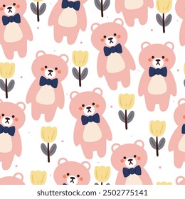 Oso y flor de la historieta del modelo inconsútil. animal lindo y Fondo de pantalla floral para la impresión de la tela, papel del abrigo del regalo