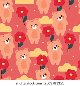 seamless pattern cartoon bear and flower. cute animal and floral wallpaper for fabric print, gift wrap paper