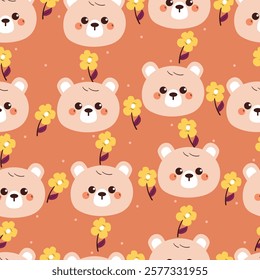 seamless pattern cartoon bear with flower. cute animal wallpaper for fabric print, gift wrap paper