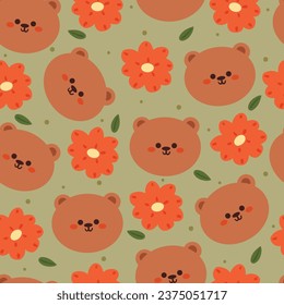 seamless pattern cartoon bear with flowers. cute animal wallpaper illustration for gift wrap paper