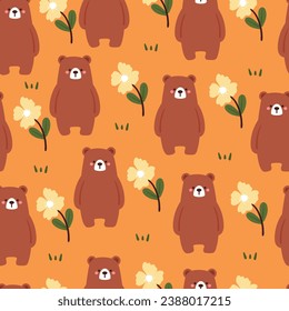 seamless pattern cartoon bear with flowers. cute animal wallpaper illustration for gift wrap paper