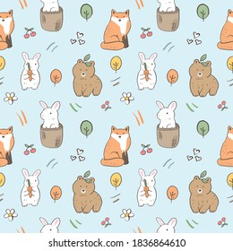 Seamless Pattern with Cartoon Bear, Fox and Rabbit Design on Light Blue Background