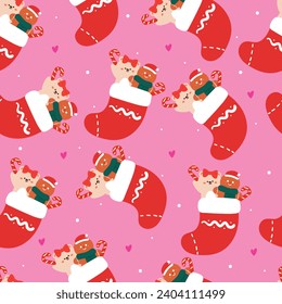 seamless pattern cartoon bear and ginger bread inside a socks and Christmas element. Cute Christmas wallpaper for card, gift wrap paper