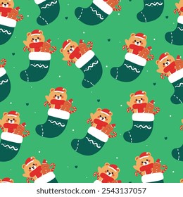 seamless pattern cartoon bear and gingerbread inside a sock. Cute christmas and winter wallpaper for fabric print, gift wrap paper