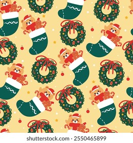 seamless pattern cartoon bear and gingerbread inside a sock and christmas wreath. Cute christmas and winter wallpaper for fabric print, gift wrap paper