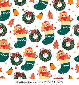 seamless pattern cartoon bear and gingerbread inside a sock and christmas wreath. Cute christmas and winter wallpaper for fabric print, gift wrap paper