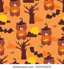 seamless pattern cartoon bear with halloween vibes. cute halloween wallpaper for fabric print, gift wrap paper