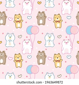 Seamless Pattern of Cartoon Bear and Heart Design on Light Pink Background
