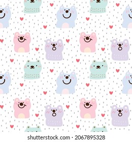 Seamless Pattern with Cartoon Bear and Heart Design on White Background